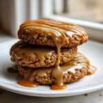 A stack of three soft maple cookies generously drizzled with thick, flowing caramel sauce.