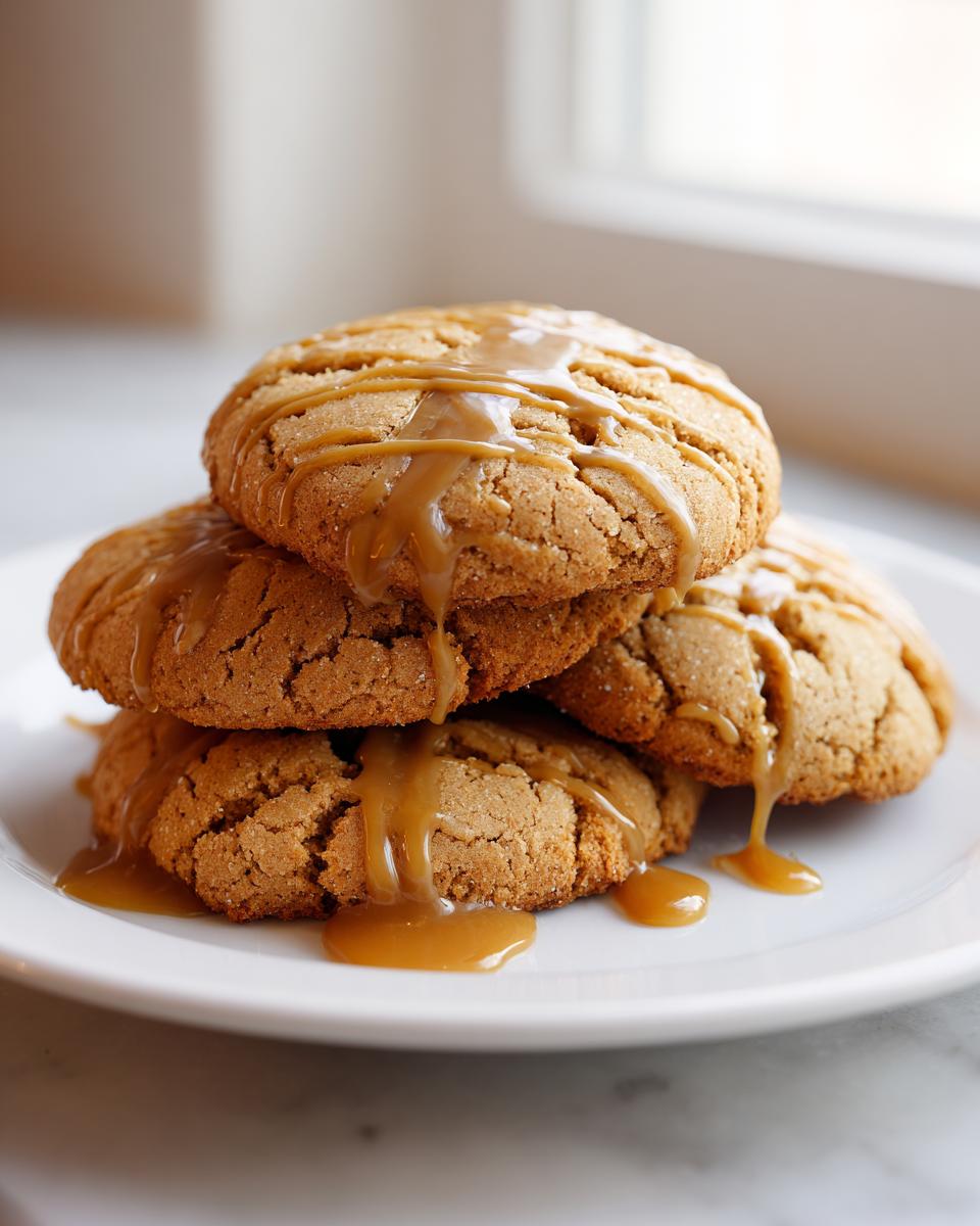 A stack of four soft maple cookies generously drizzled with thick caramel sauce on a white plate.