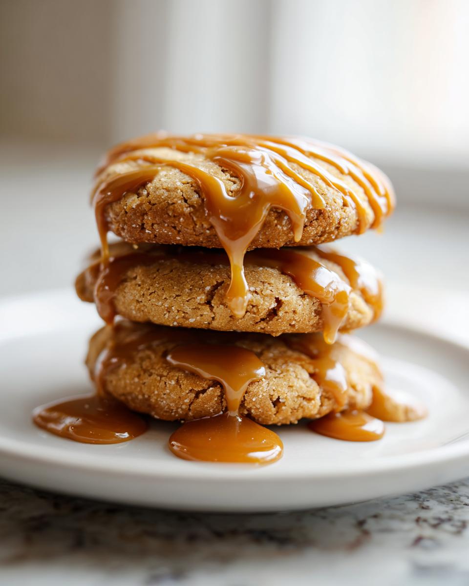 Stack of three soft maple cookies generously drizzled with thick caramel sauce.