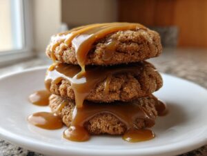 Three soft maple cookies stacked and generously covered in a thick, dripping caramel sauce on a white plate.