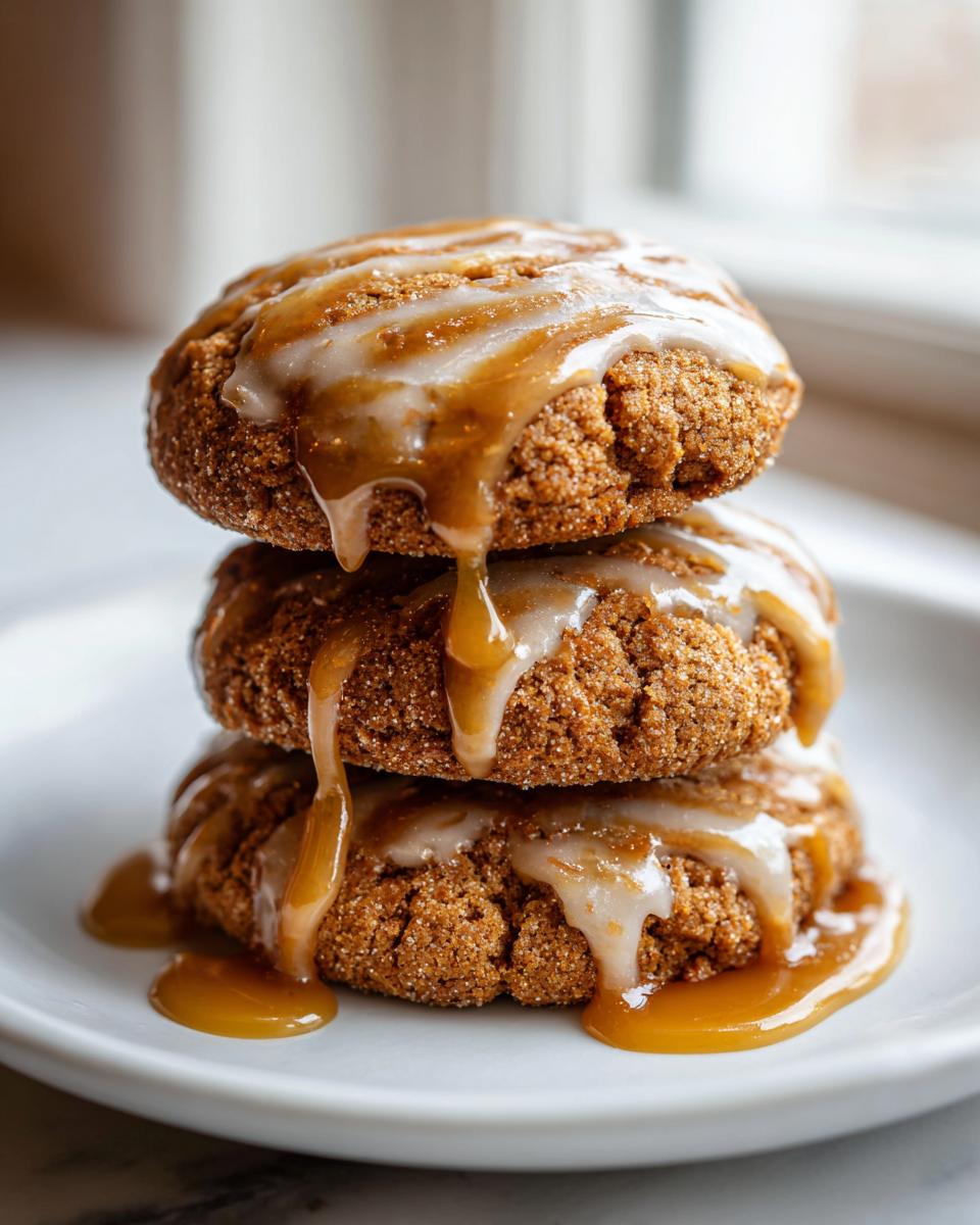 Three soft maple cookies stacked, generously drizzled with white glaze and thick caramel sauce.