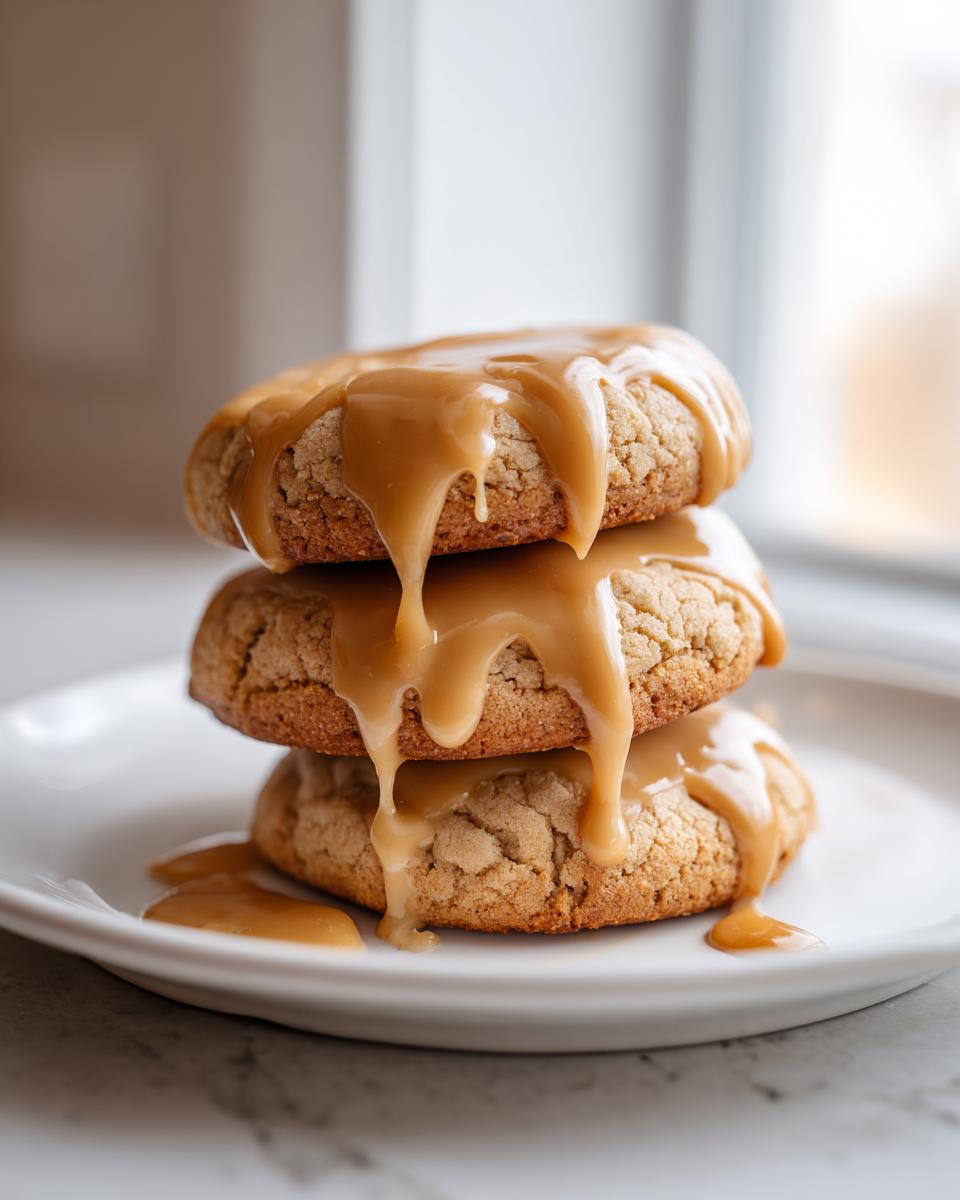 Three soft maple cookies stacked and generously covered in a thick, dripping caramel glaze.