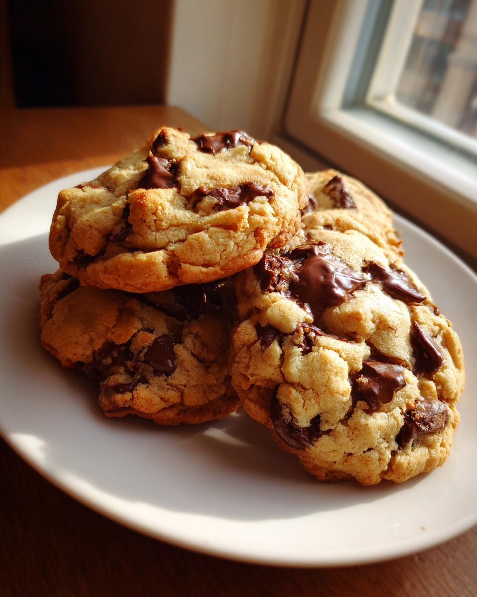 A stack of four thick, soft pudding cookies loaded with melted chocolate chips, sitting on a white plate near a window.