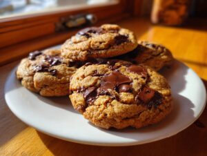 Four soft, thick chocolate chip pudding cookies stacked slightly on a white plate, catching warm sunlight.