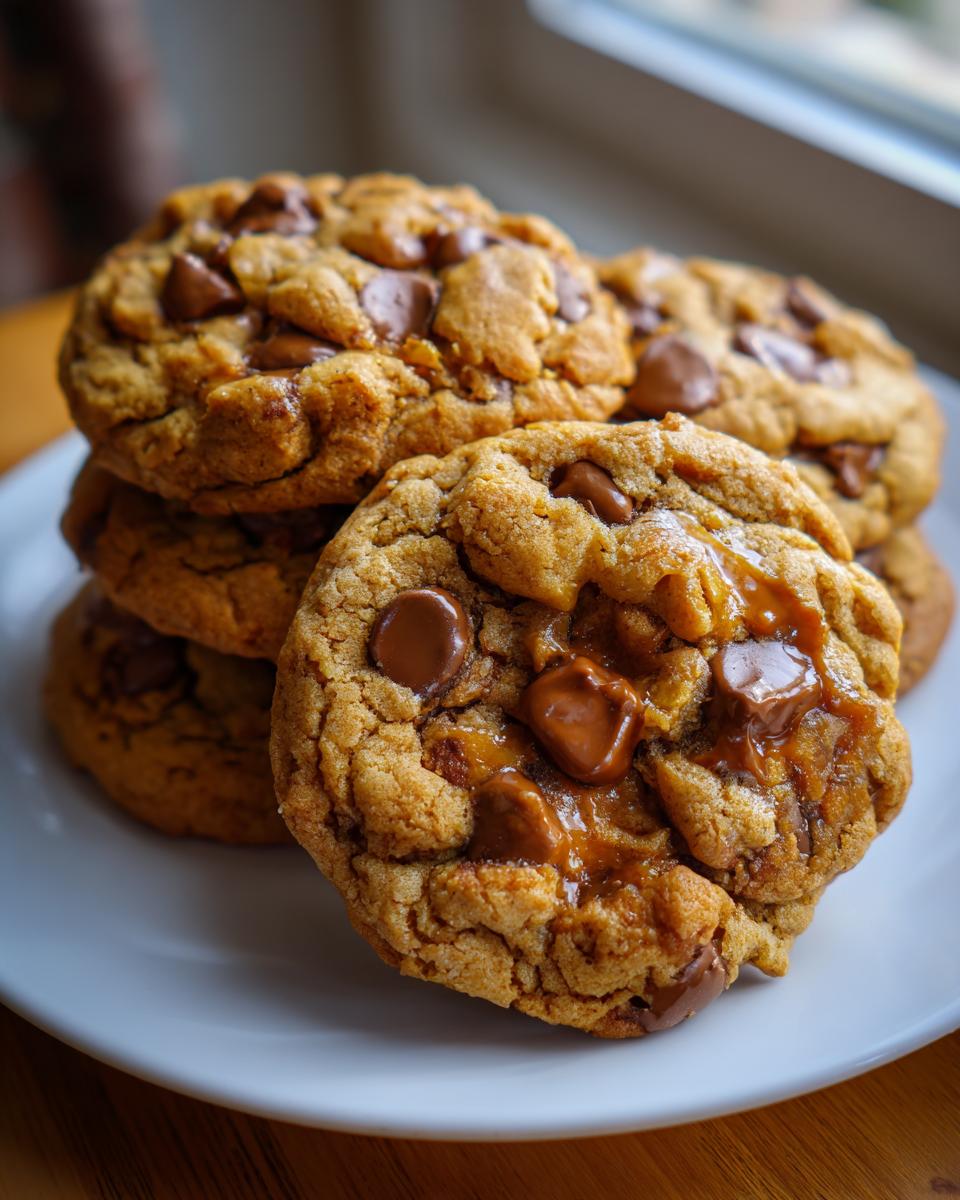 Close-up of a stack of soft pudding cookies loaded with melted chocolate chips and caramel swirls.