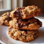 A stack of three soft pudding cookies loaded with gooey, melted chocolate chips.