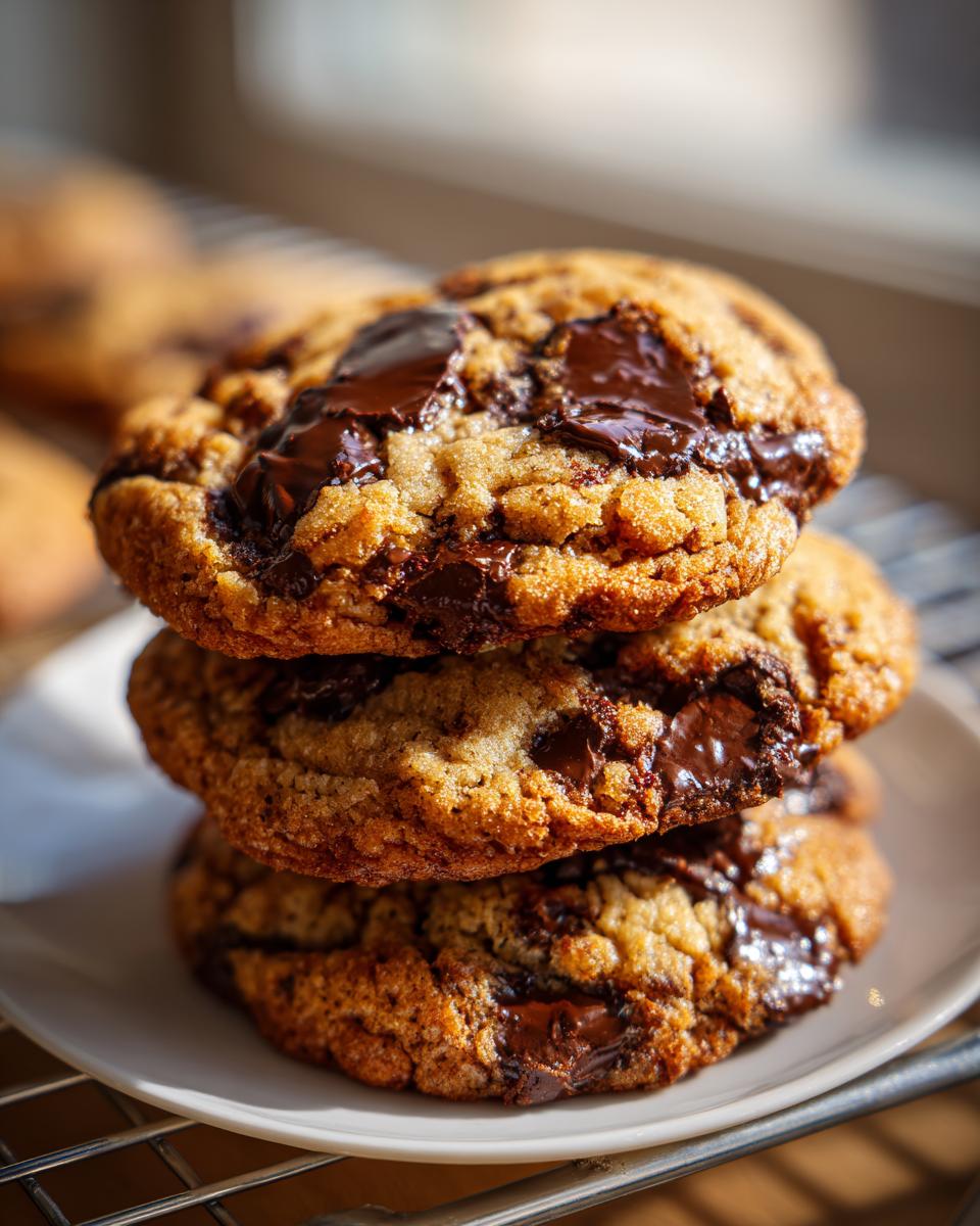 A stack of three thick, soft pudding cookies loaded with gooey, melted chocolate chips resting on a white plate.