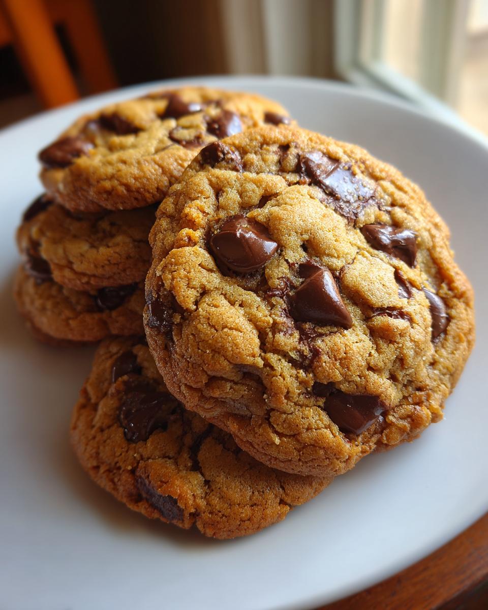 Close-up of a stack of soft, golden brown chocolate chip pudding cookies on a white plate.