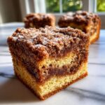 Close-up of a square slice of sour cream coffee cake showing moist cake layers and thick cinnamon streusel topping.