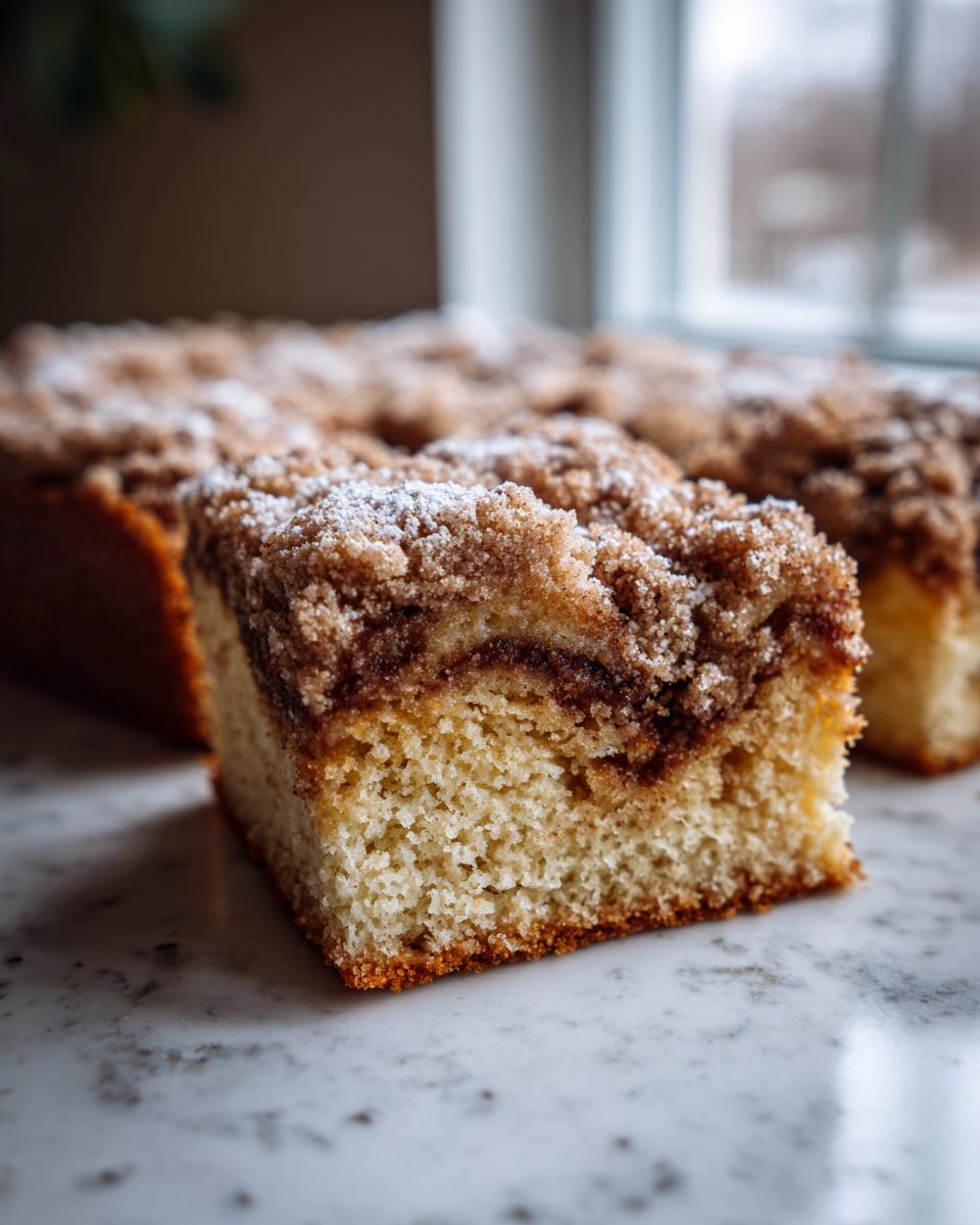 A close-up of a moist slice of sour cream coffee cake featuring a thick cinnamon streusel layer and powdered sugar dusting.