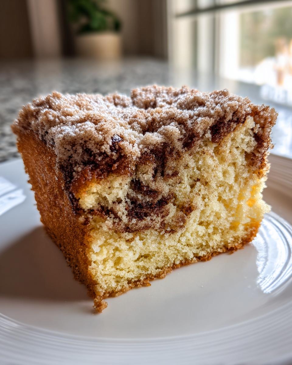 Close-up of a moist slice of sour cream coffee cake featuring a cinnamon swirl and crumbly streusel topping.
