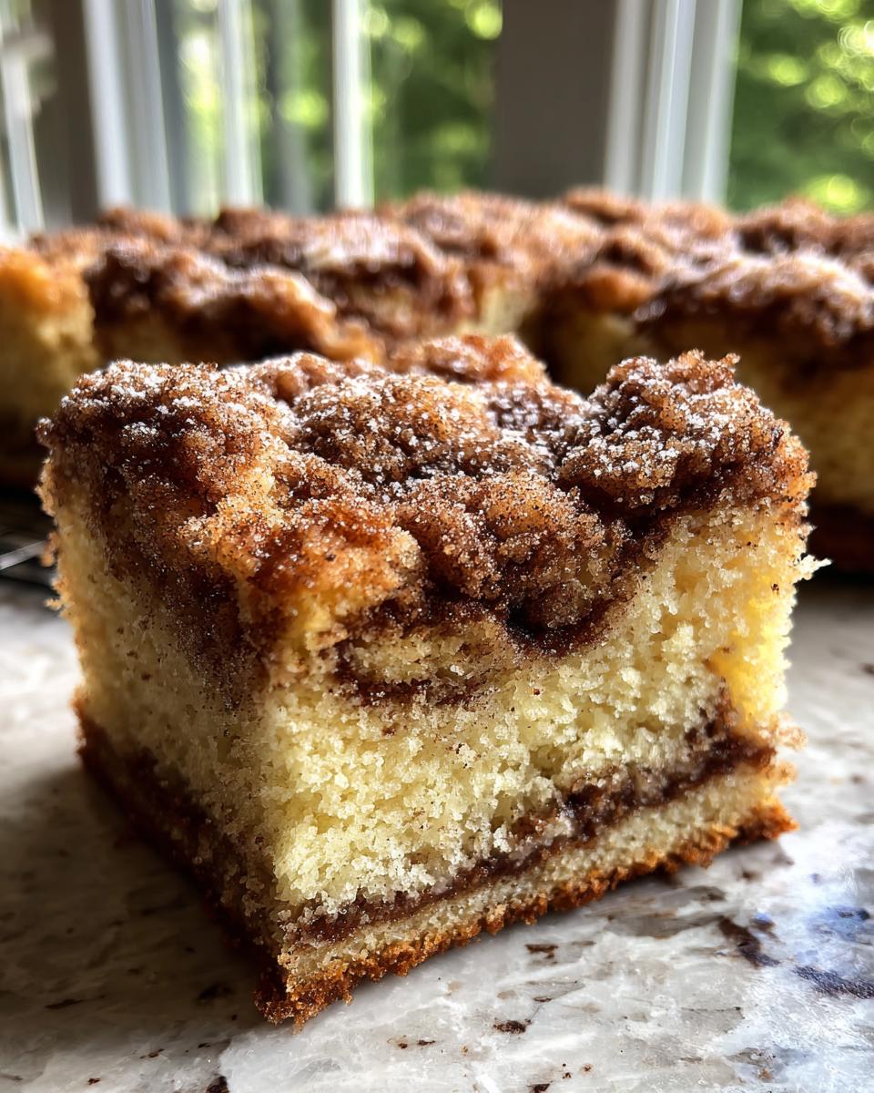 Close-up of a moist slice of sour cream coffee cake showing the yellow crumb, cinnamon swirl, and thick streusel topping.
