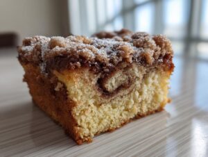 A close-up of a moist slice of sour cream coffee cake featuring a cinnamon swirl and crumbly streusel topping.