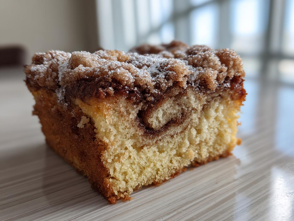 A close-up of a moist slice of sour cream coffee cake featuring a cinnamon swirl and crumbly streusel topping.