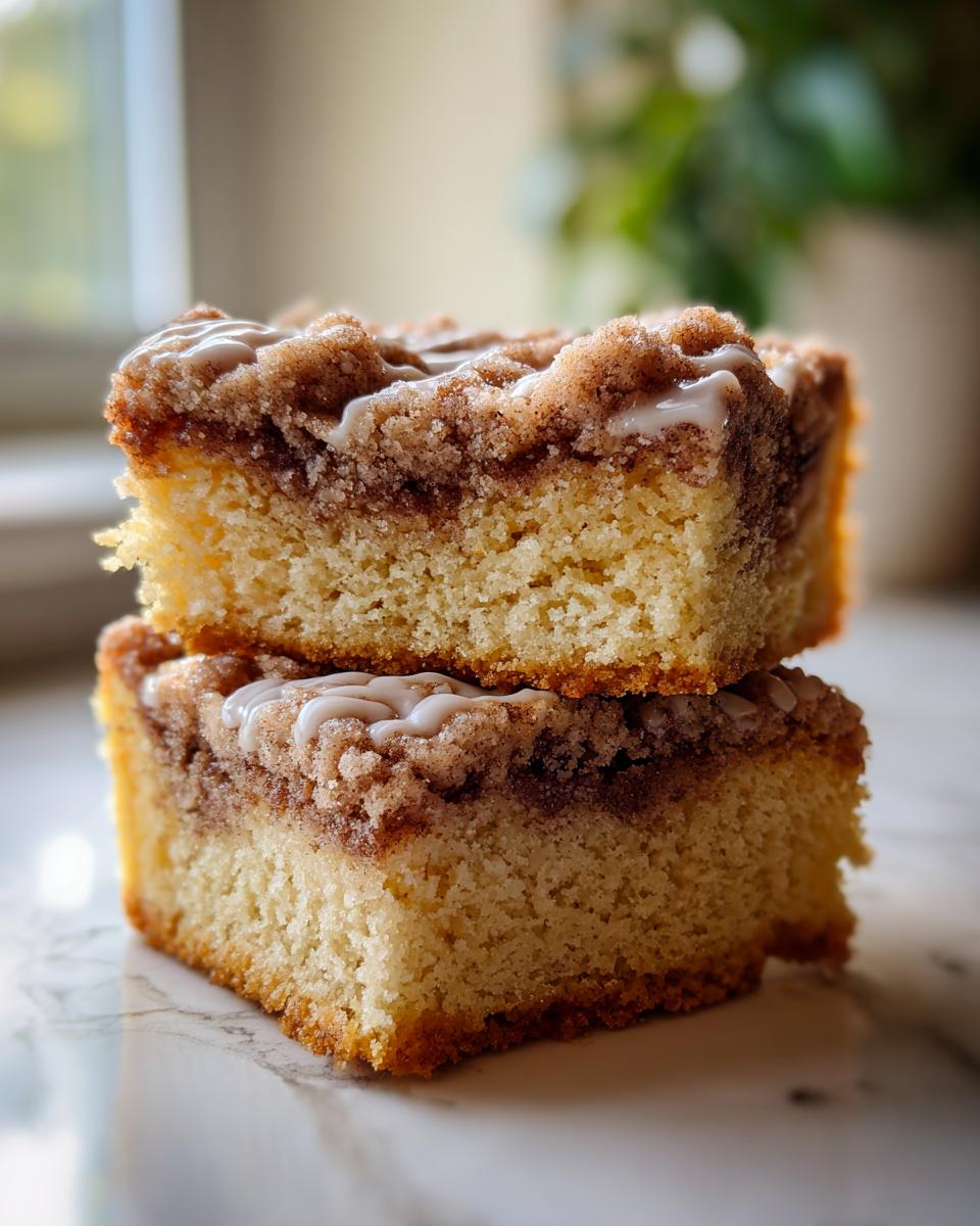 Two square slices of moist sour cream coffee cake stacked, featuring a thick cinnamon streusel topping and light glaze.