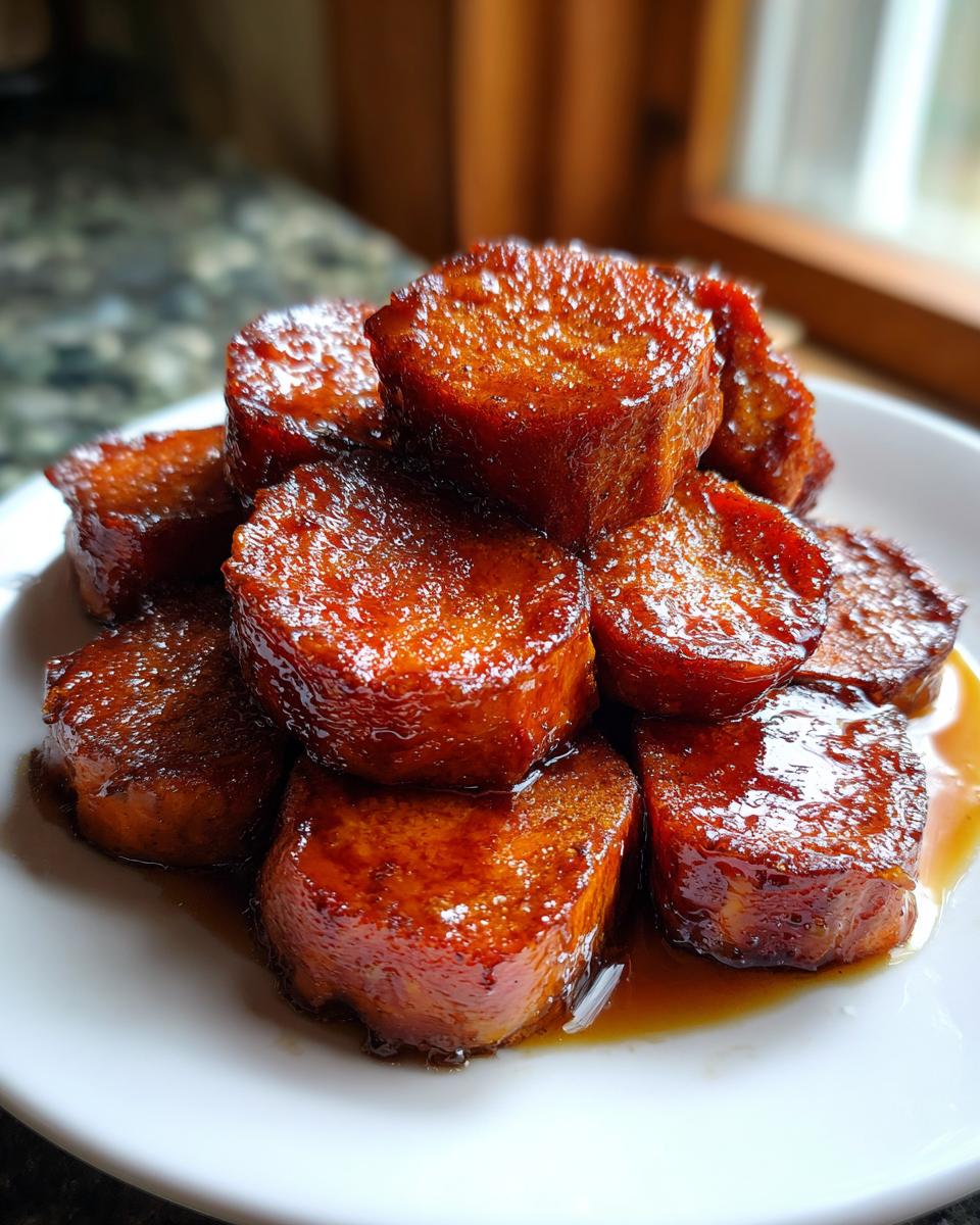 A close-up of thick-cut southern candied yams stacked high, glistening with a rich, dark brown glaze.