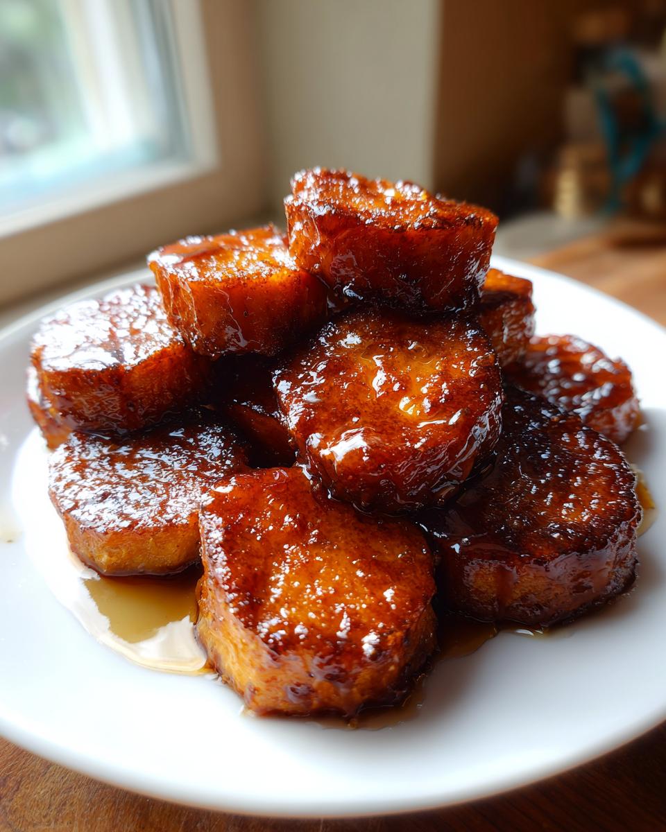Close-up of thick-cut southern candied yams stacked high, glistening with a rich, dark brown glaze.