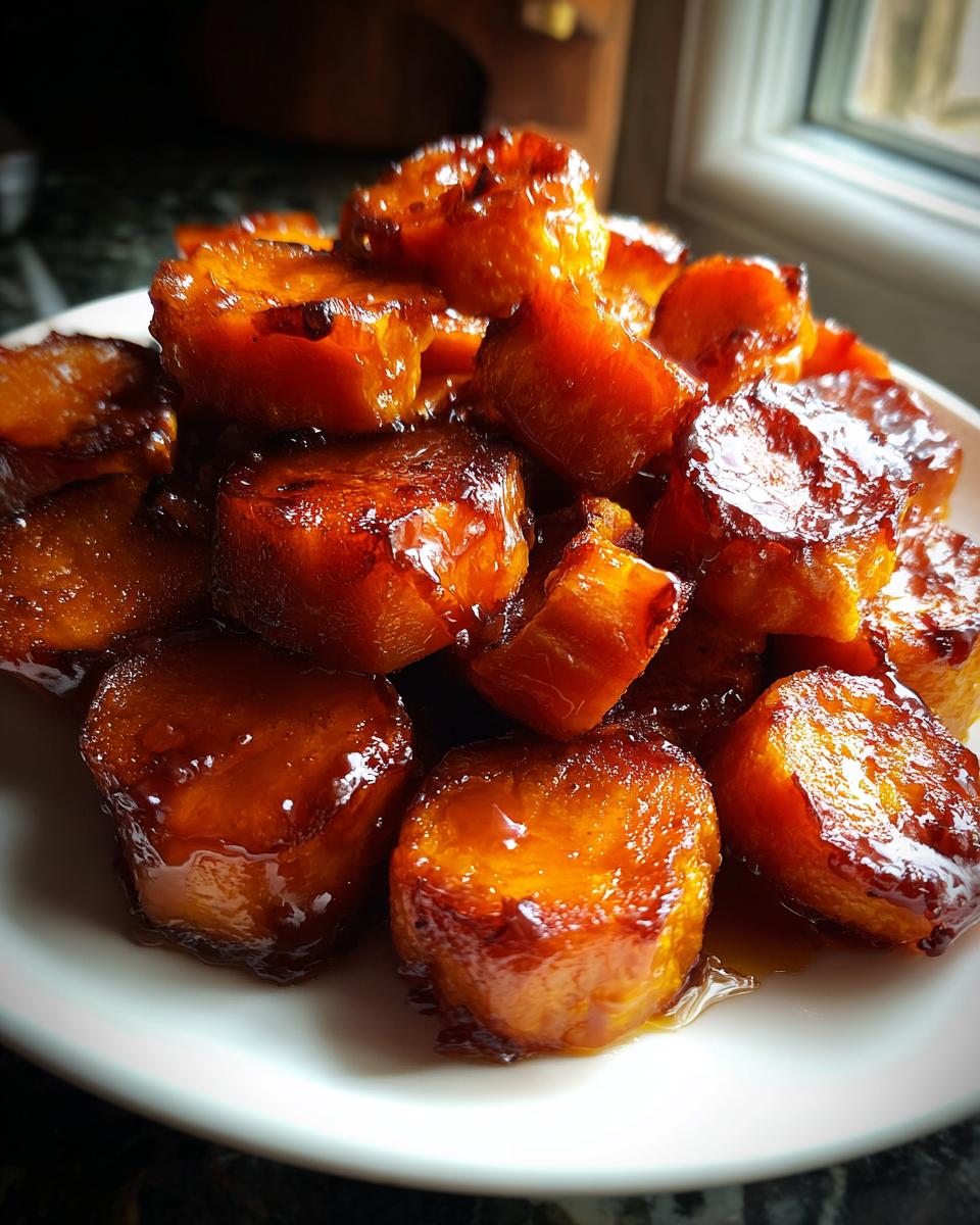 A close-up of thick-cut, glossy southern candied yams piled high on a white plate, glistening with sweet glaze.