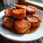 Close-up of thick-cut, glazed southern candied yams piled on a white plate with rich syrup.