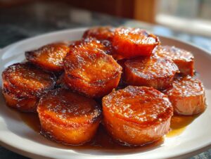 Thick, round slices of southern candied yams glistening with a rich, dark brown glaze served on a white plate.