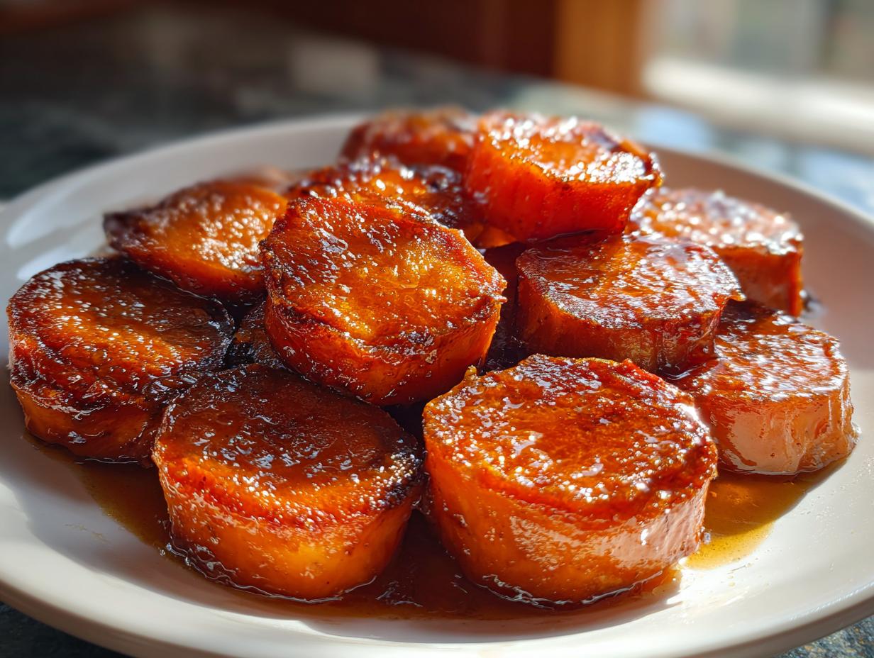 Thick, round slices of southern candied yams glistening with a rich, dark brown glaze served on a white plate.