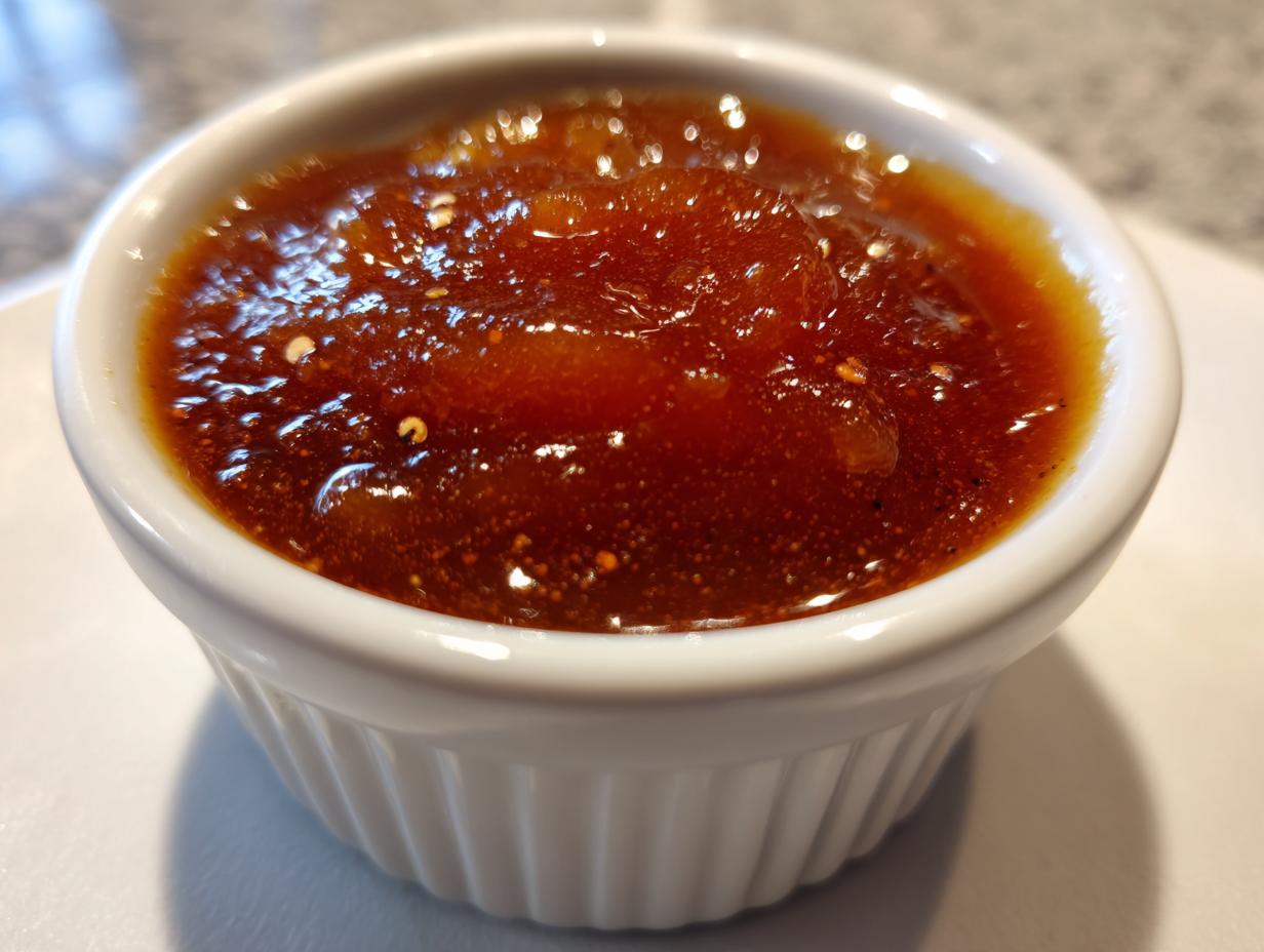 Close-up of thick, dark amber spiced pear butter served in a small white fluted ramekin.