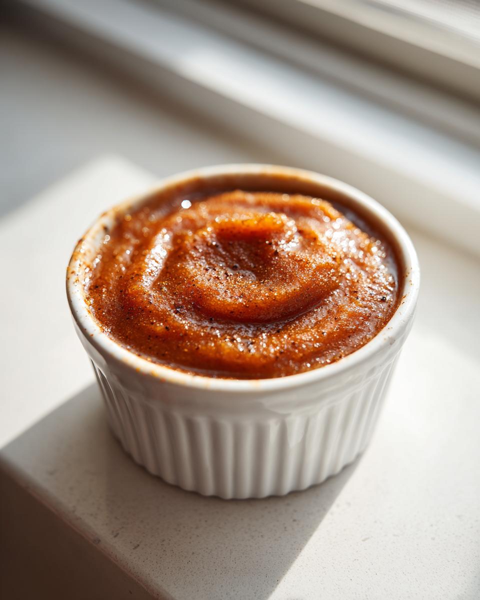 Close-up of rich, dark orange spiced pear butter swirled in a small white ramekin, catching sunlight.