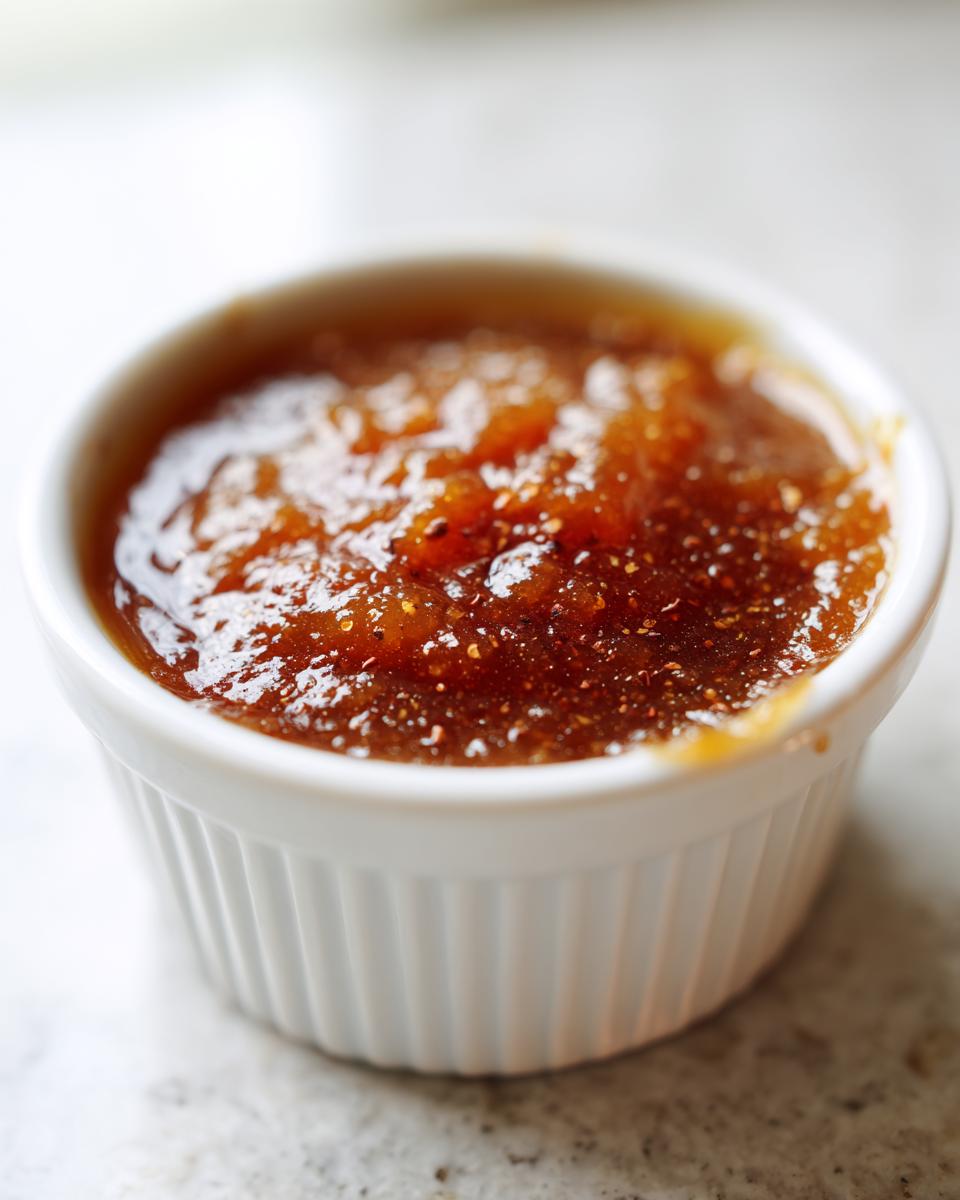 A close-up shot of rich, dark, spiced pear butter served in a small white fluted ramekin.