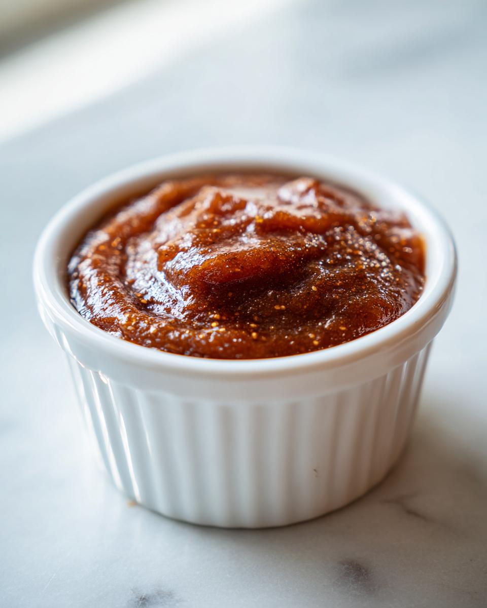 A close-up of thick, dark brown spiced pear butter served in a small white fluted ramekin.