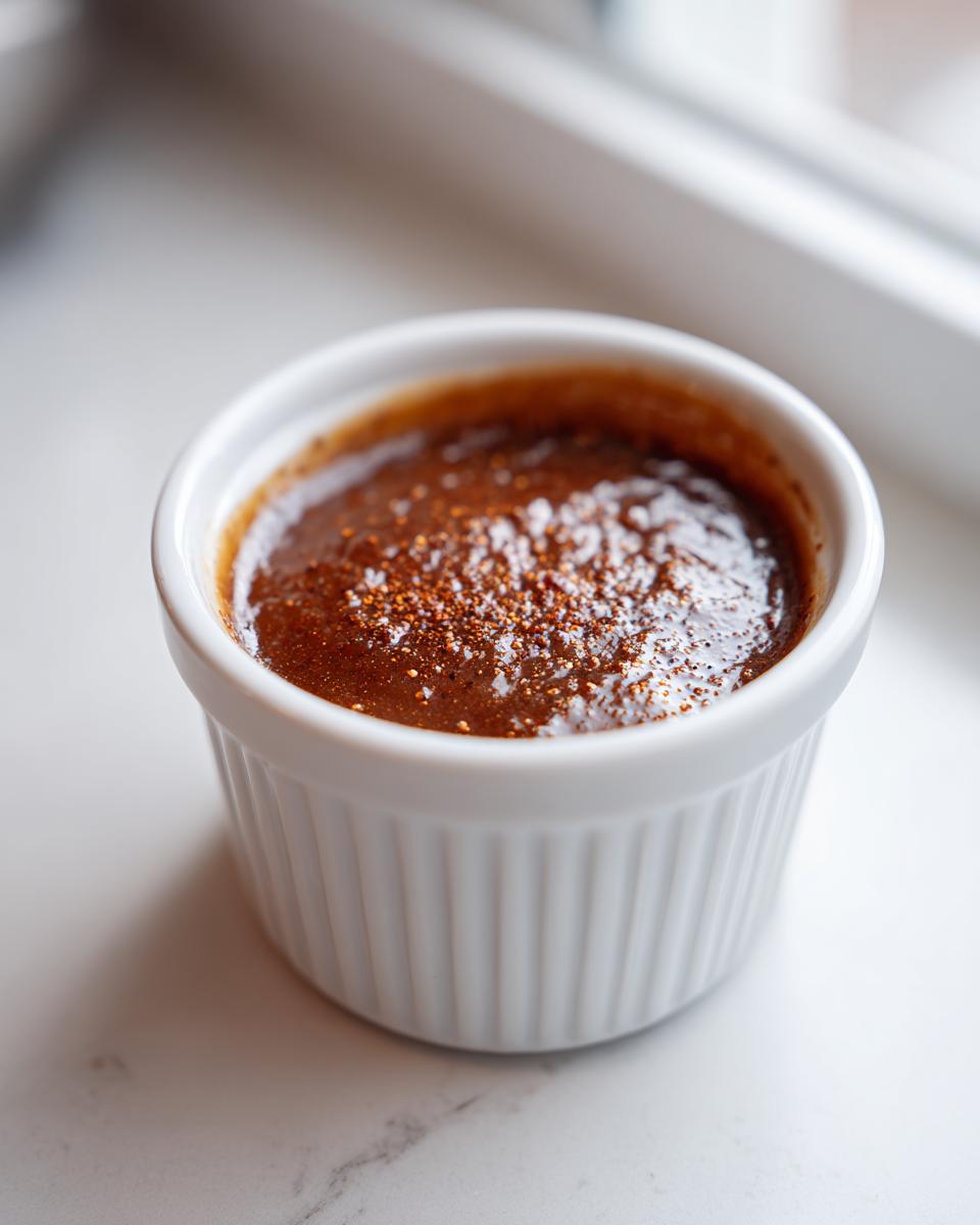 Close-up of rich, dark spiced pear butter topped with cinnamon in a small white ramekin.