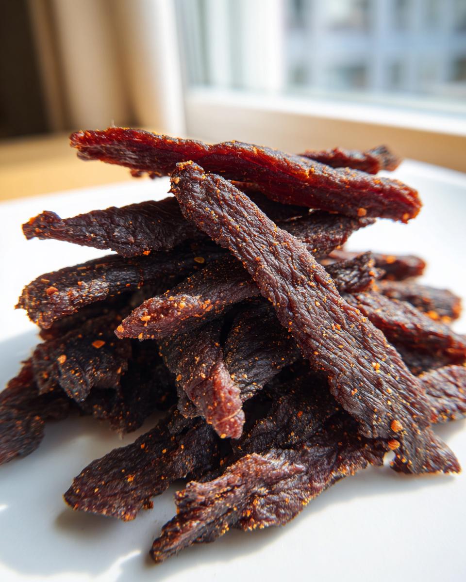 A close-up stack of dark, richly seasoned venison jerky strips sprinkled with visible spices.