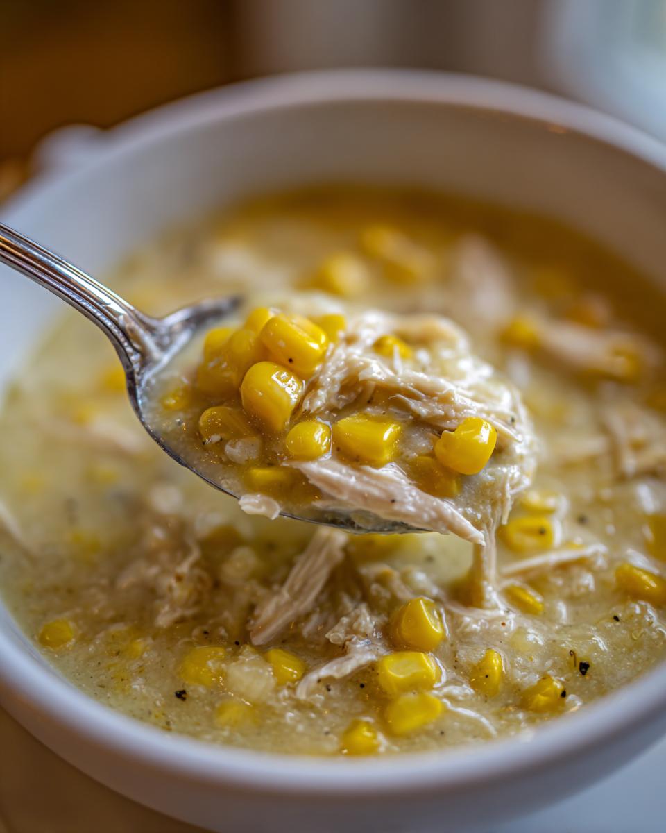 Close-up of a spoonful of creamy chicken corn chowder showing shredded chicken and bright yellow corn kernels.