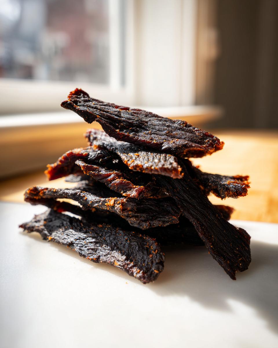 A close-up stack of dark, richly seasoned venison jerky slices catching sunlight near a window.