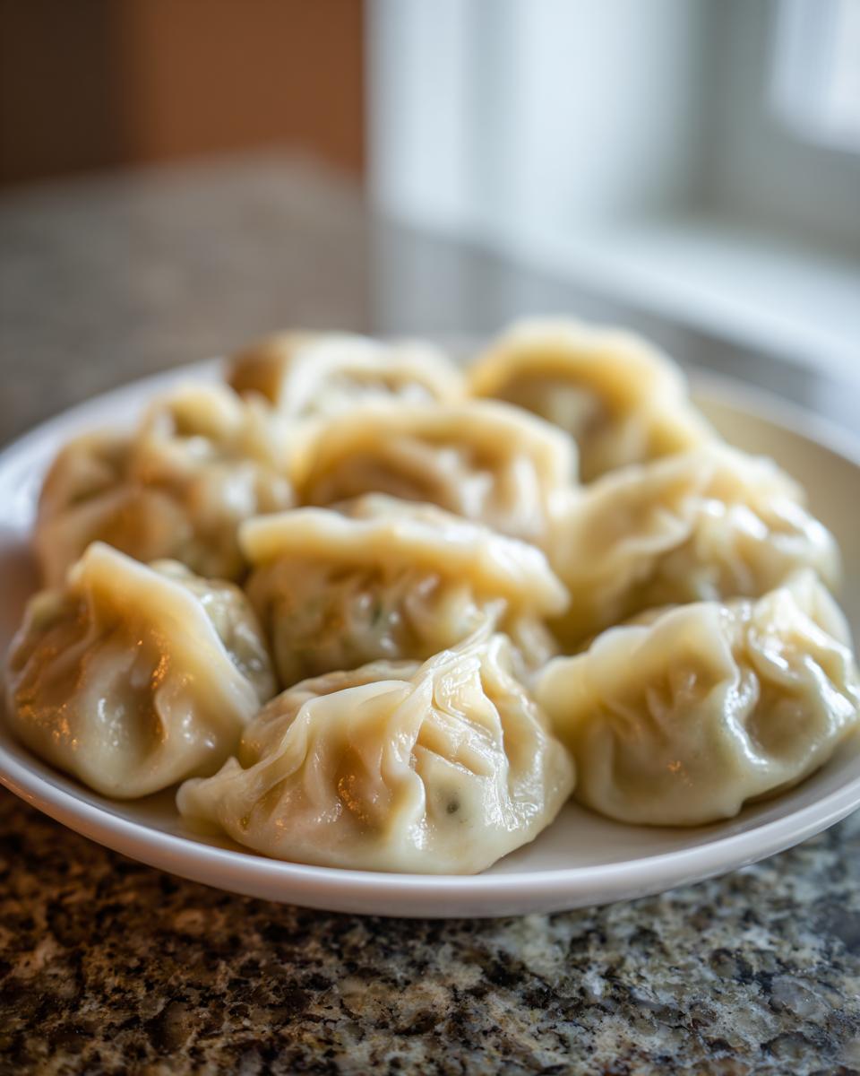 A close-up of several freshly steamed Traditional Chinese Dumplings arranged on a white plate.