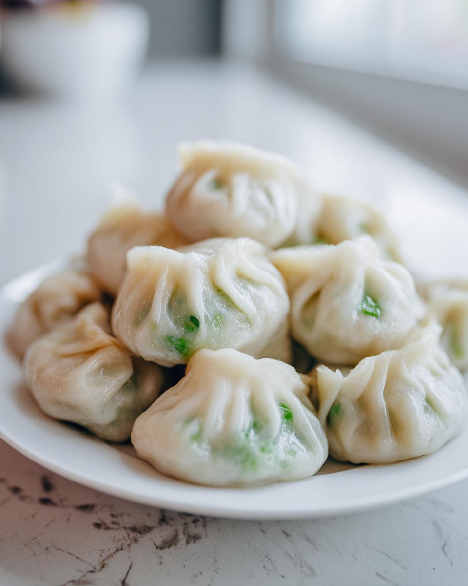 A close-up of several steamed Traditional Chinese Dumplings piled on a white plate, showing green filling through the wrapper.