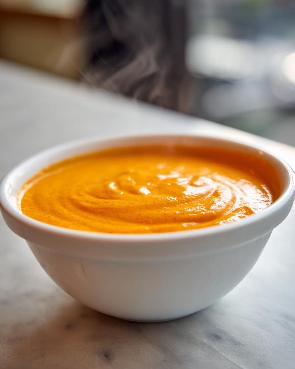 Close-up of a bowl of bright orange, steaming hot beer cheese dip with visible swirls.