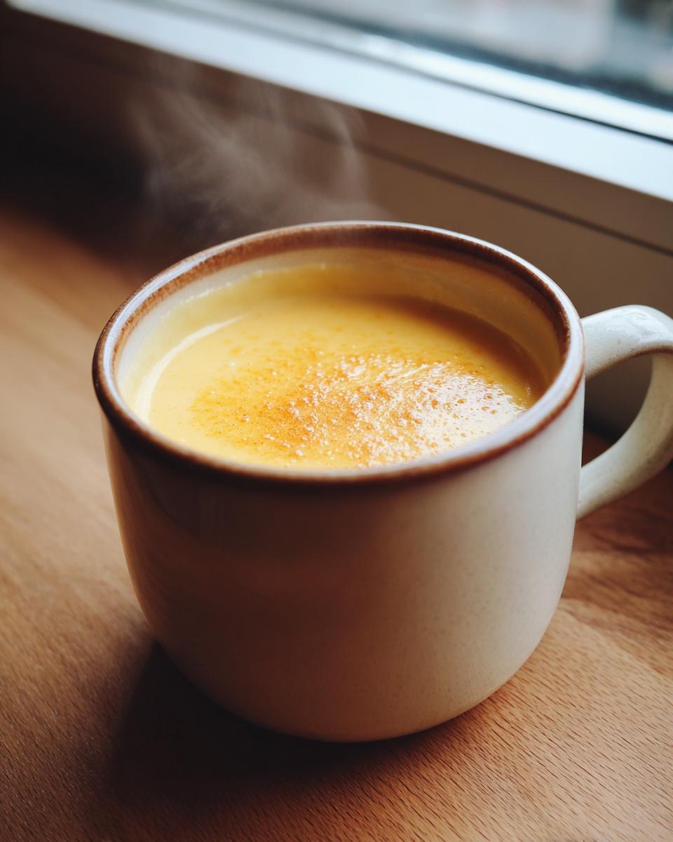 Close-up of hot, smooth cheese fondue steaming gently in a rustic white mug on a wooden surface.