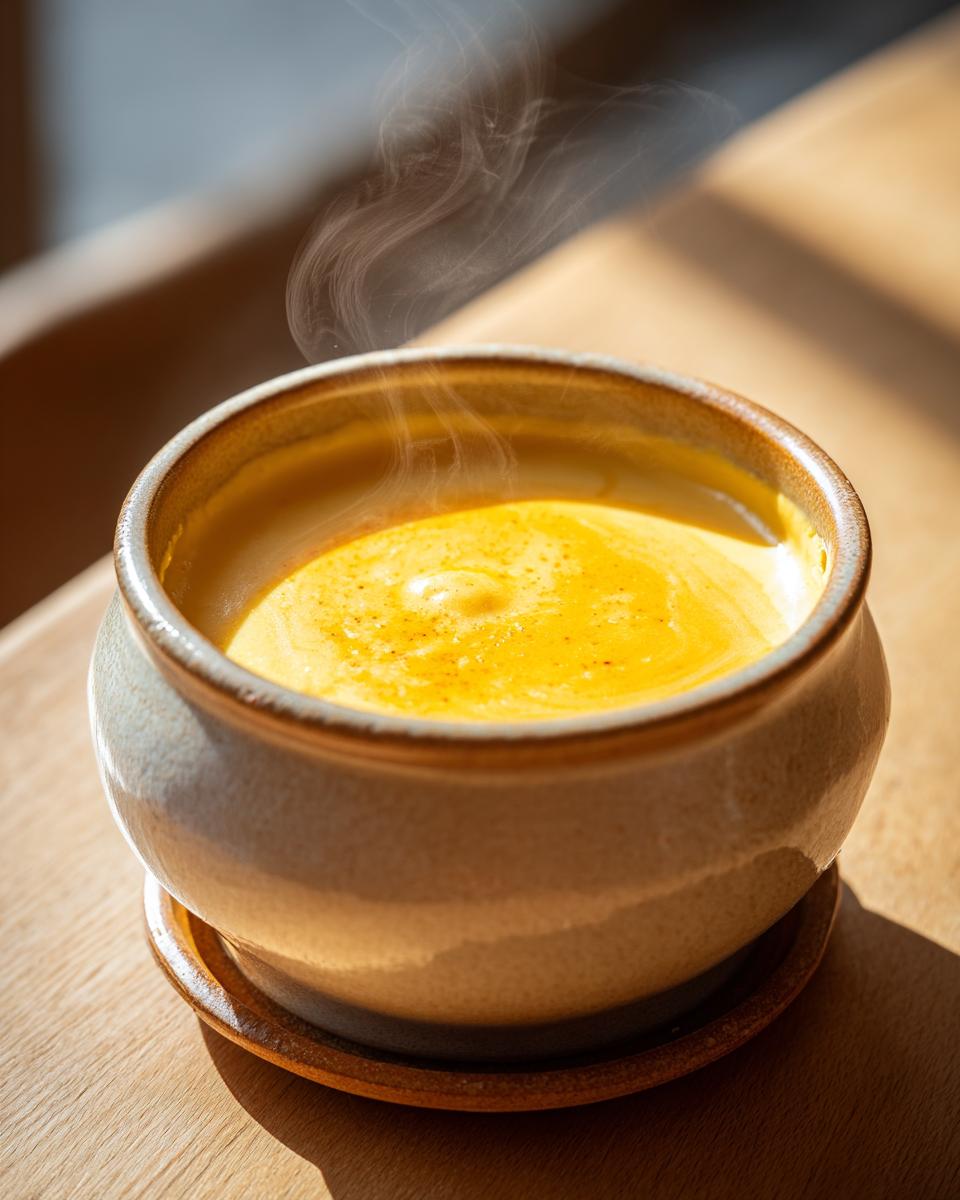 Close-up of hot, smooth cheese fondue steaming in a rustic ceramic bowl on a wooden table.