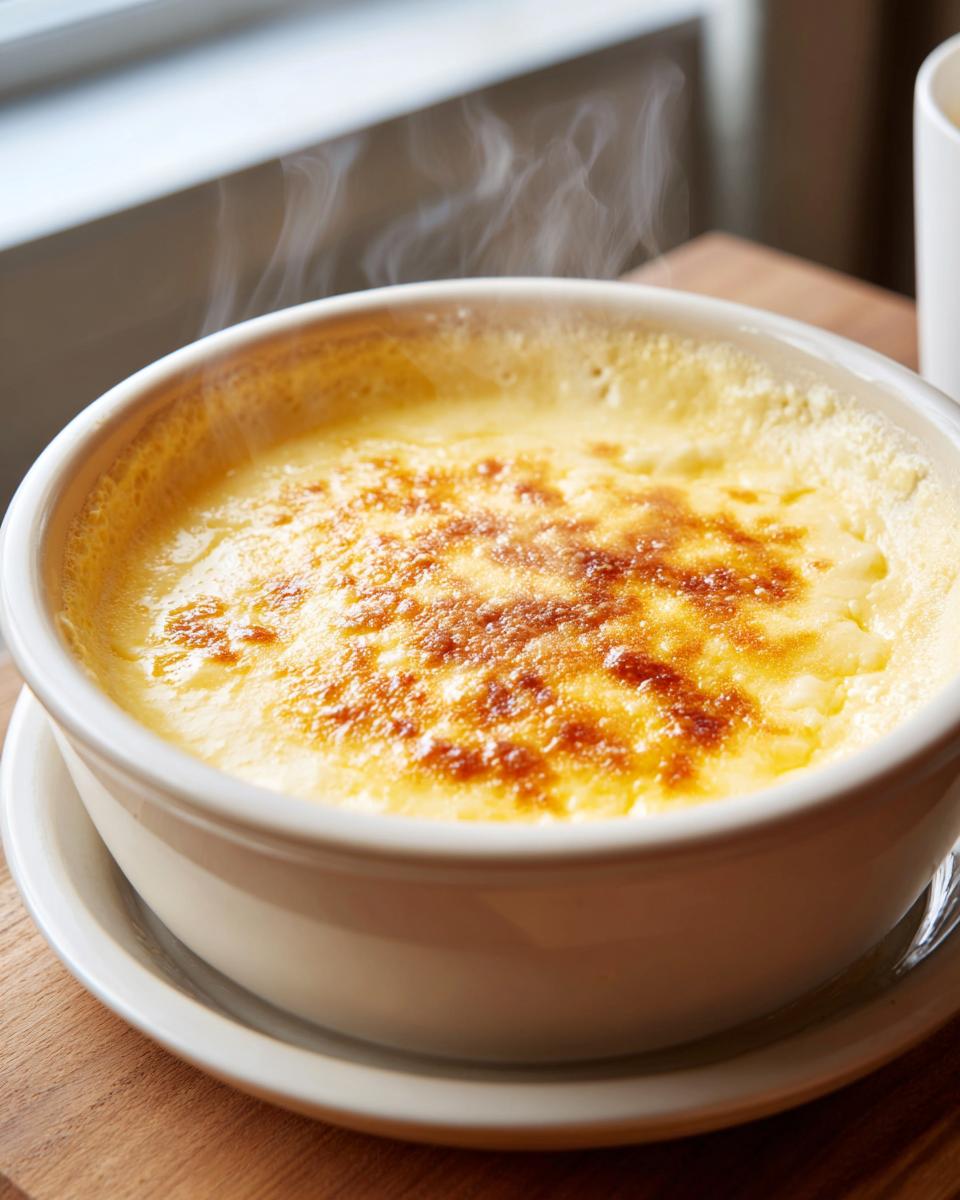 Close-up of a steaming bowl of smooth cheese Fondue with a golden-brown, slightly bubbly top.