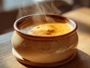 Close-up of hot, steaming smooth cheese fondue served in a traditional ceramic pot on a wooden surface.