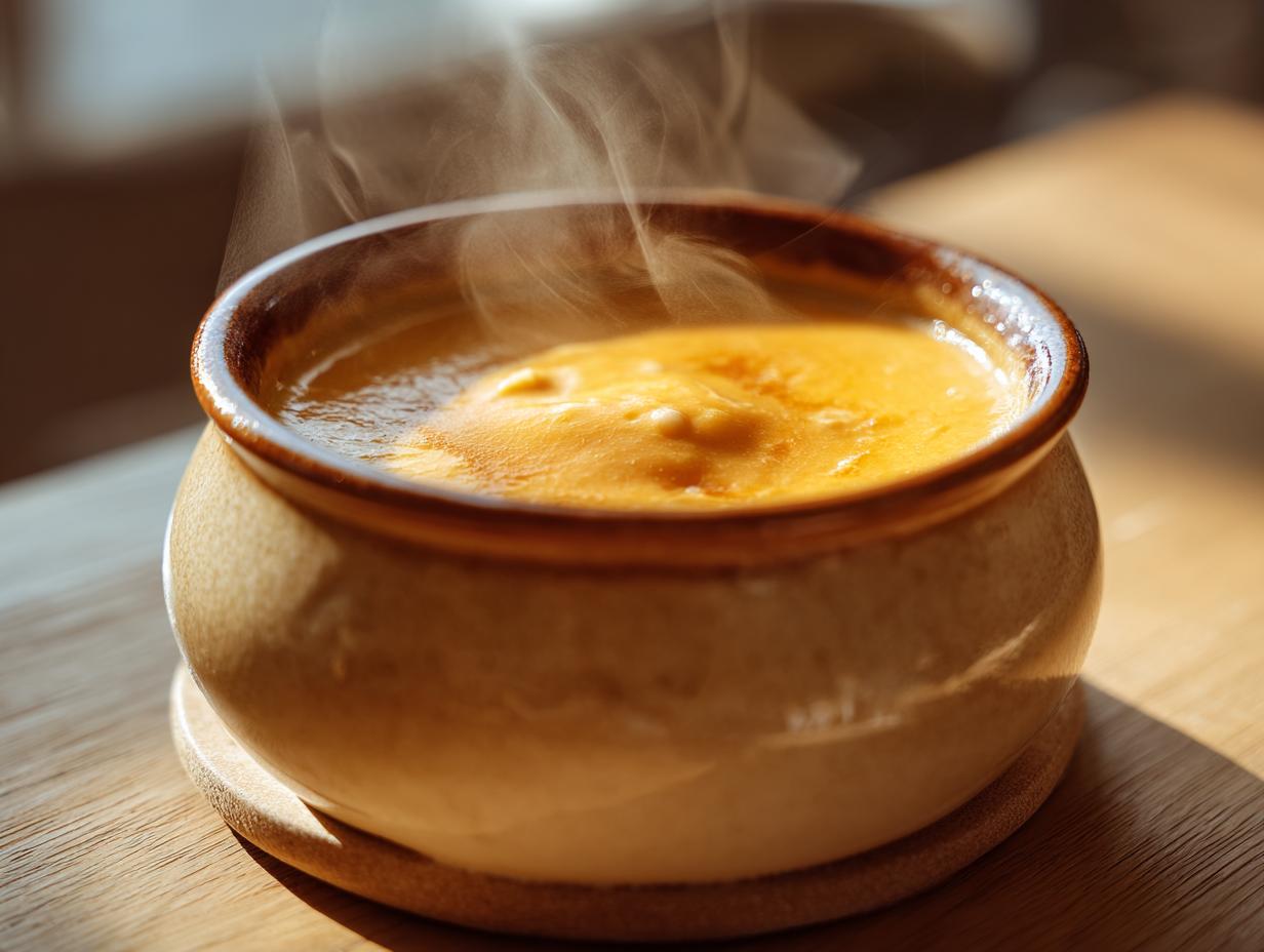 Close-up of hot, steaming smooth cheese fondue served in a traditional ceramic pot on a wooden surface.