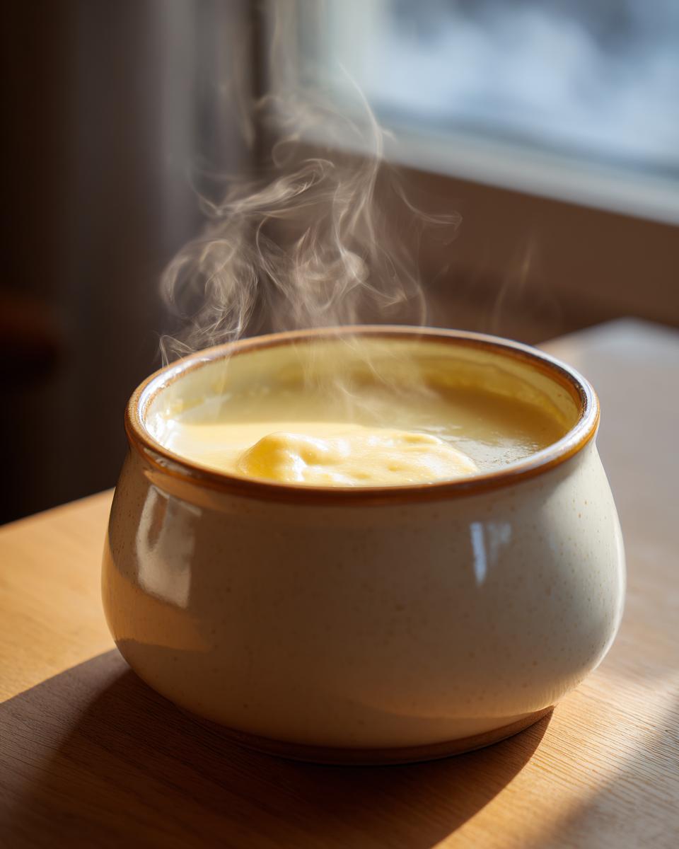 Close-up of a steaming hot, smooth cheese Fondue served in a rustic ceramic pot on a wooden surface.