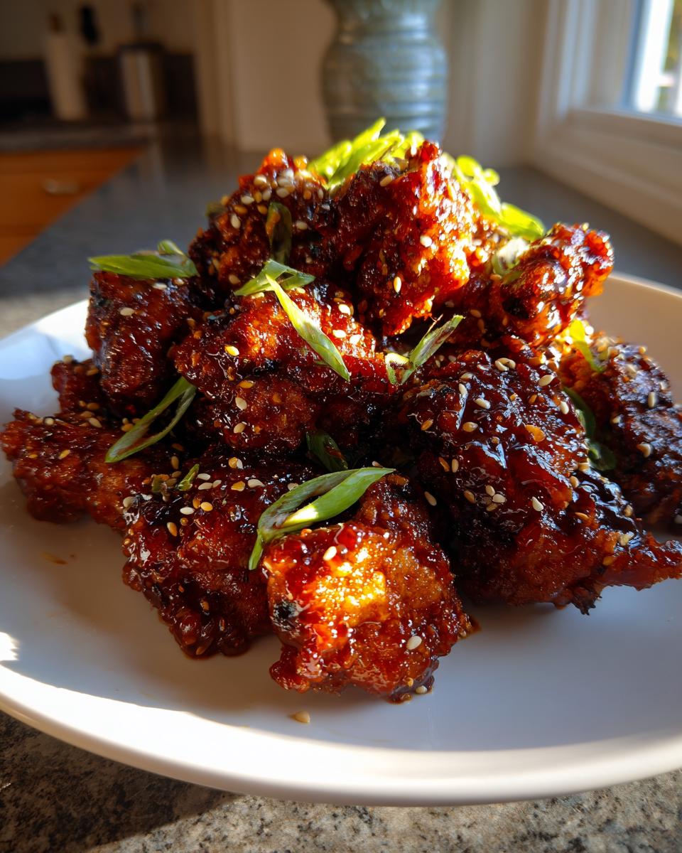 A plate piled high with crispy korean fried chicken pieces coated in a dark, glossy sauce and topped with sesame seeds and scallions.