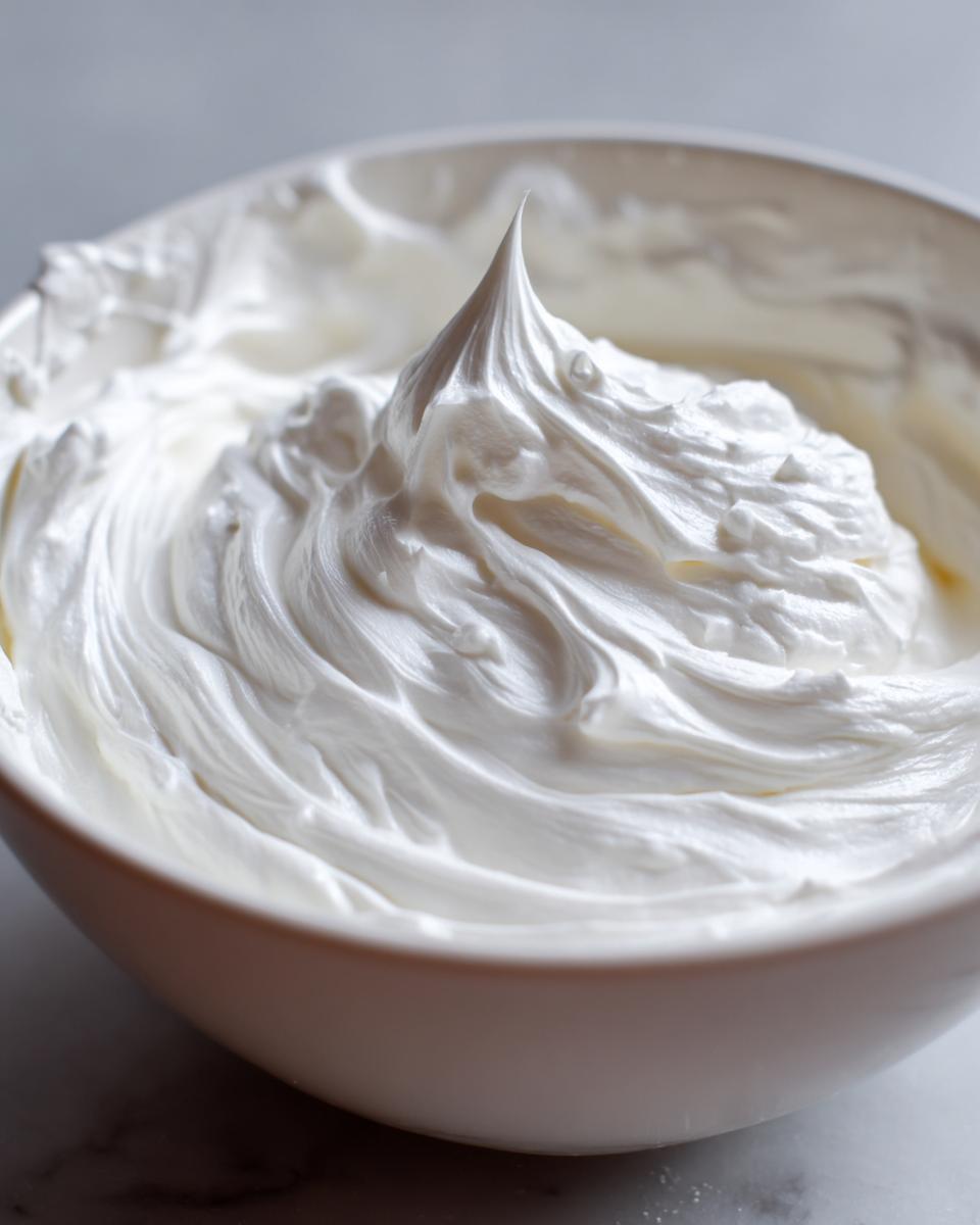 Close-up of thick, bright white, glossy royal icing recipe whipped to stiff peaks in a white bowl.