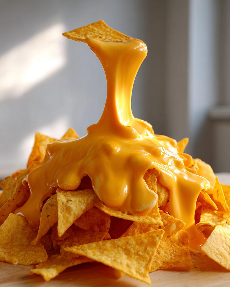 A pile of tortilla chips smothered in thick, melted nacho cheese, with one chip pulling a long, stretchy stream of cheese upwards.