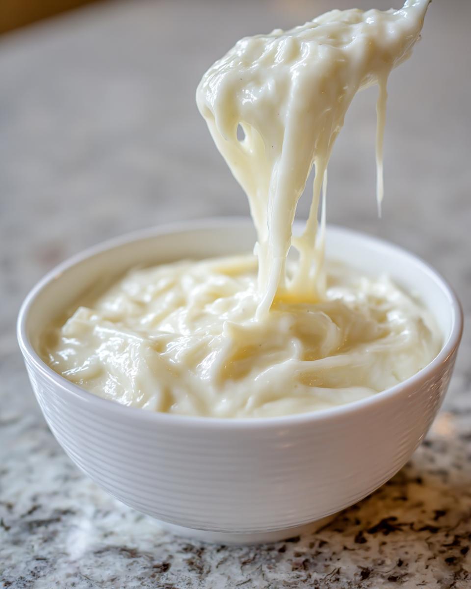 A spoonful of thick, creamy homemade alfredo sauce dripping back into a white bowl.