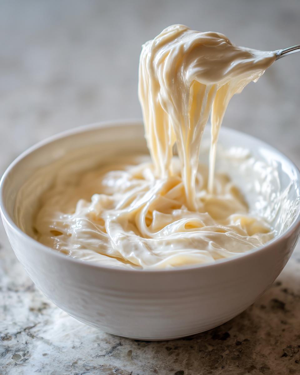 A close-up of thick, creamy homemade alfredo sauce dripping from a fork held above a white bowl.