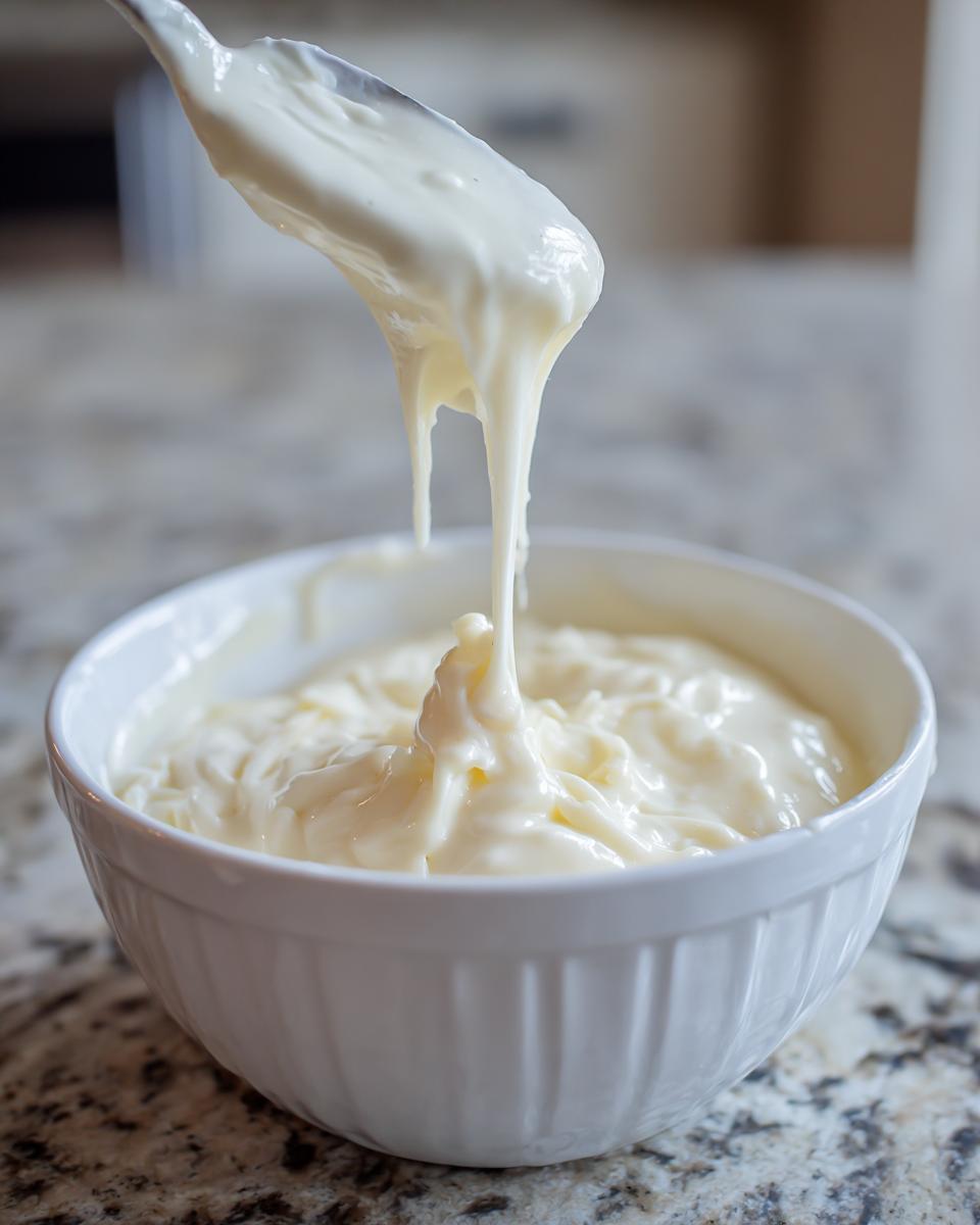 A spoonful of thick, creamy homemade alfredo sauce drips back into a white bowl on a granite countertop.