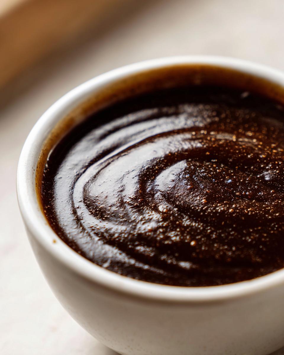 Close-up of thick, dark homemade brown gravy swirled in a small white ramekin.
