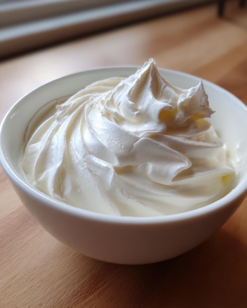 Close-up of thick, perfectly peaked white royal icing recipe mixture in a small white bowl.